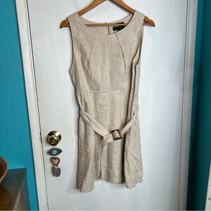 TAHARI 100% linen beige midi belted dress